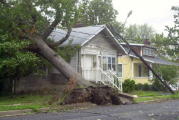 A tree and power pole rest on a house Friday, Sept. 19, 2003, after being toppled by winds from Hurricane Isabel in the Del Ray neighborhood of Alexandria, Va. President Bush declared a major disaster in Virginia, where high wind knocked out power for more than 1.6 million customers.  (AP Photo/Tom Horan)
