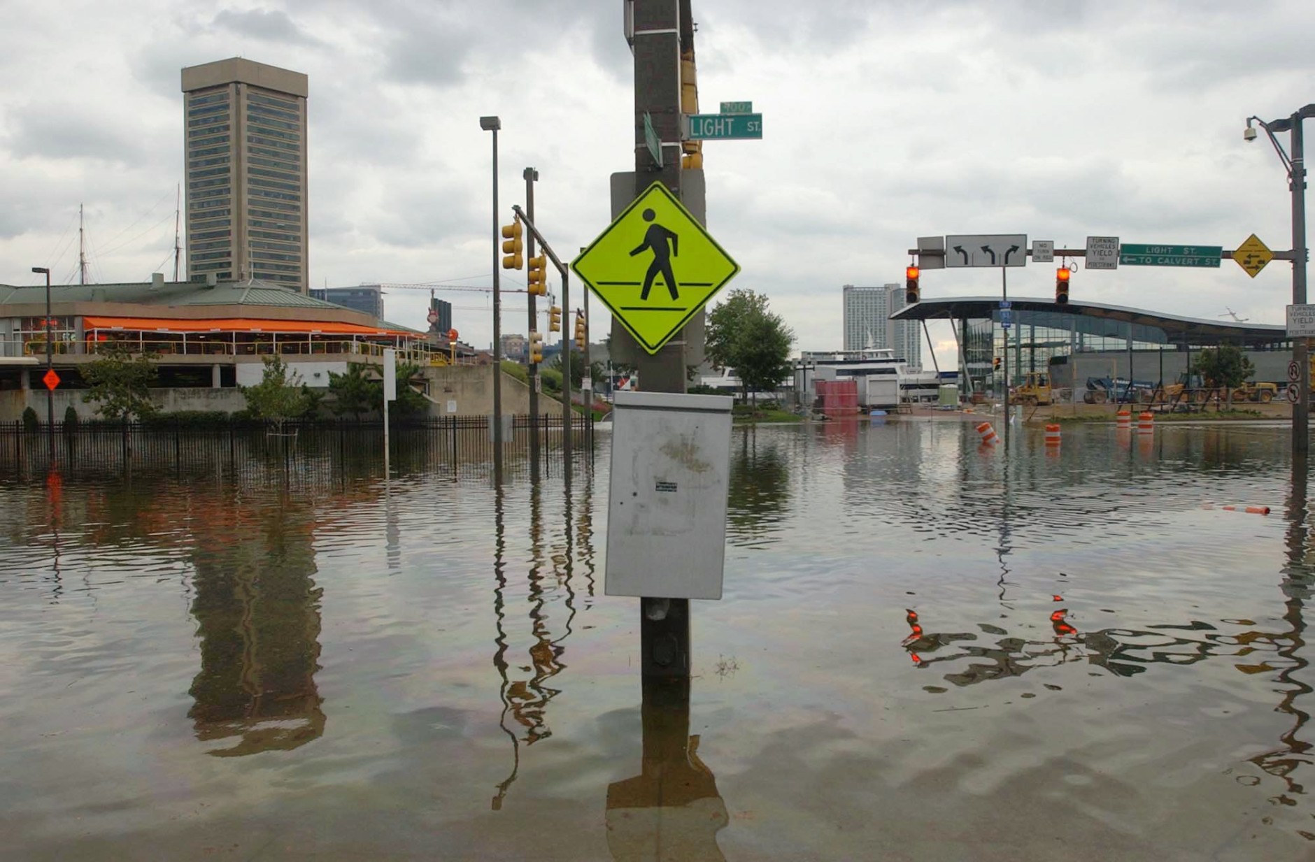 Water covers the streets around the Inner Harbor after downtown Baltimore was flooded by Hurricane Isabel Friday, Sept. 19, 2003. (AP Photo/Gail Burton)