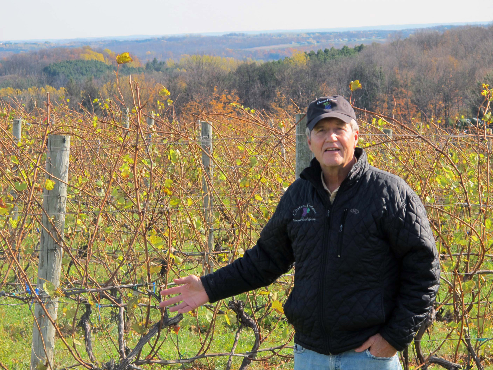 In this Nov. 4, 2011 photo, Dan Matthies, owner of Chateau Fontaine winery on Michigan's Leelanau Peninsula, stands beside one of his vineyards. Vineyards are springing up rapidly in Michigan, where fertile hillsides near the Great Lakes provide ideal settings for cool-weather varieties such as pinot grigio and chardonnay. (AP Photo/John Flesher)