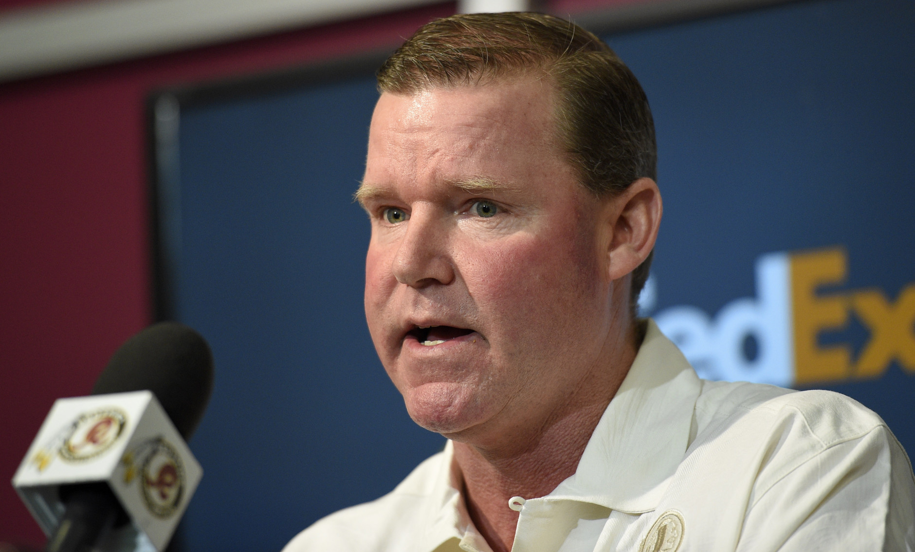 FILE - In this April 27, 2015, file photo, Washington Redskins general manager Scot McCloughan speaks to the media during a pre-draft NFL football news conference in Ashburn, Va. (AP Photo/Nick Wass, File)