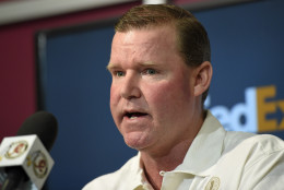 FILE - In this April 27, 2015, file photo, Washington Redskins general manager Scot McCloughan speaks to the media during a pre-draft NFL football news conference in Ashburn, Va. (AP Photo/Nick Wass, File)