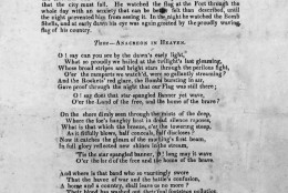 On September 14, 1814, Francis Scott Key was inspired to write the poem "Defence of Fort McHenry" after witnessing the American flag flying over the Maryland fort following a night of British bombardment during the War of 1812; the poem later became the words to "The Star-Spangled Banner." This is a copy of the first published version of "The Star-Spangled Banner," one of two known to exist, acquired by the Library of Congress after it was found in an old scrapbook in the attic by Jesse Cassard of Baltimore, Md., shown on Oct. 17, 1940. (AP Photo)