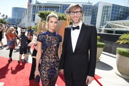 Christine Marzano, left, and Stephen Merchant arrive at the 67th Primetime Emmy Awards on Sunday, Sept. 20, 2015, at the Microsoft Theater in Los Angeles. (Photo by Dan Steinberg/Invision for the Television Academy/AP Images)