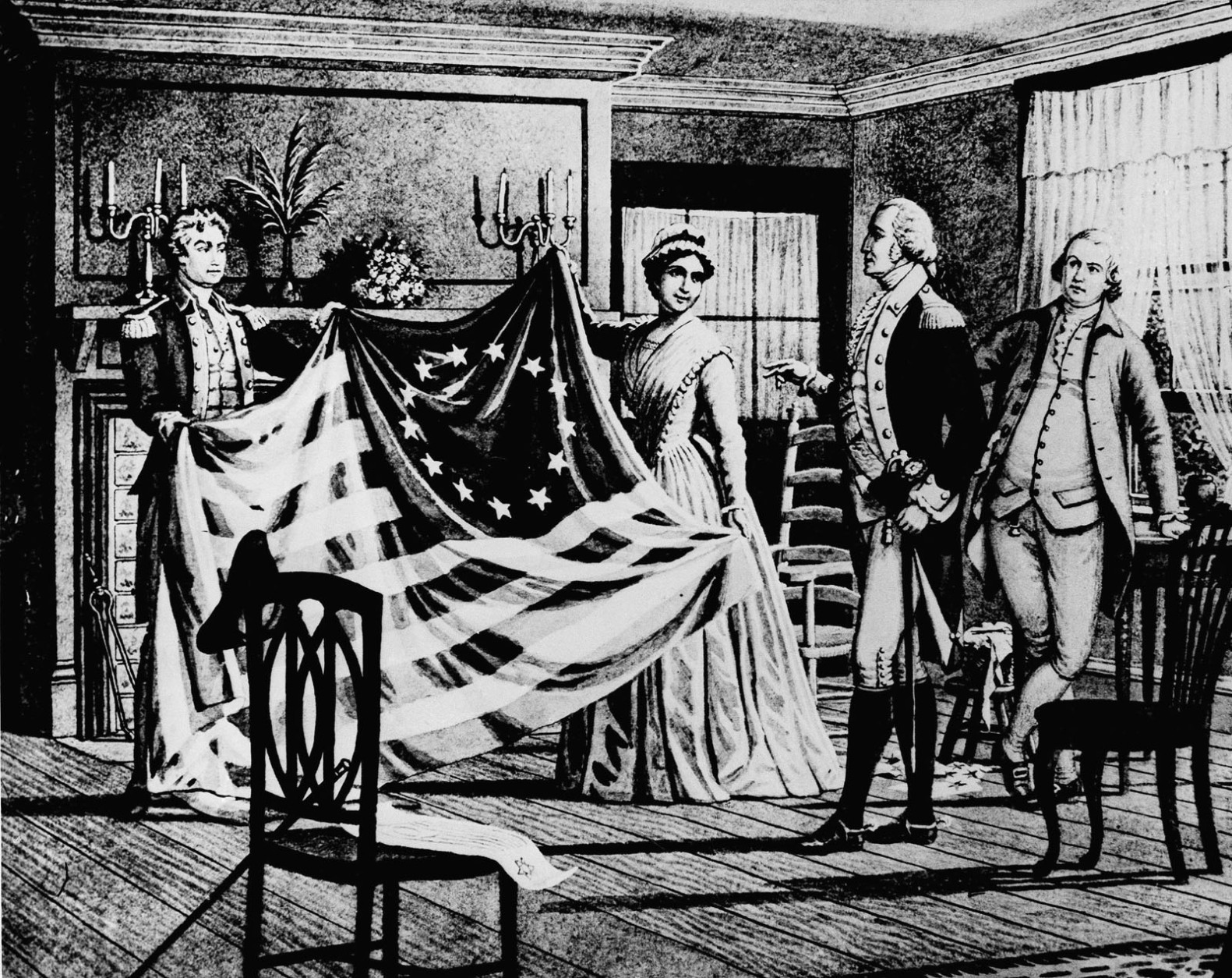 Bestsy Ross shows the first American flag she made to George Washington and his aides in her Arch Street home in Philadelphia in 1776. A year later the continental Congress formally adopted the 13- stripe, 13 -starflag of red, White, and blue. (AP Photo)