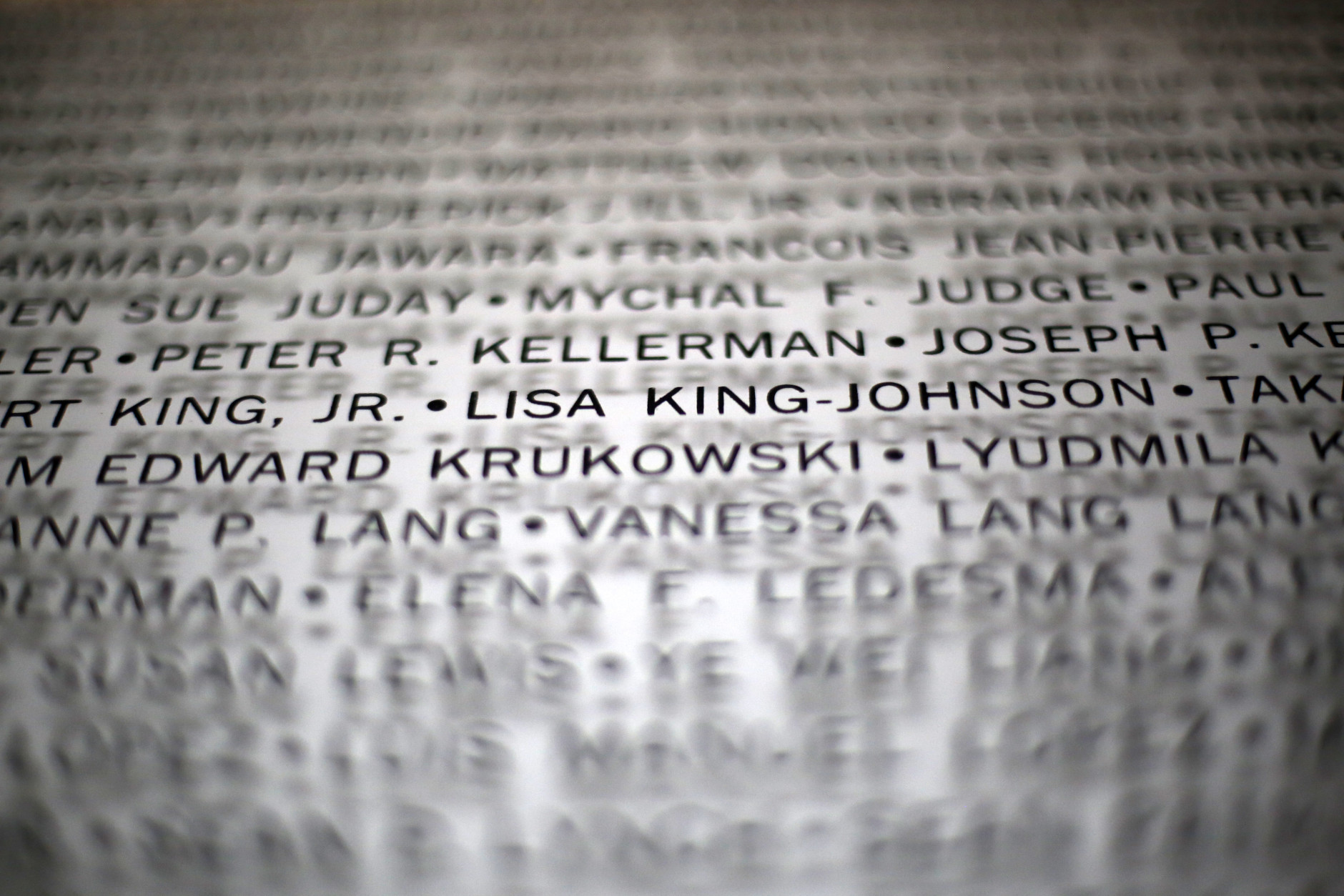 This is a wall of the names of people who lost their lives in the terrorist attacks on Sept. 11, 2001 that are on display as part of the Flight 93 National Memorial Visitors Center Complex in Shanksville, Pa, on Wednesday, Sept. 9, 2015. The visitors center will be formally dedicated and open to the public on Sept. 10, 2015. (AP Photo/Gene J. Puskar)