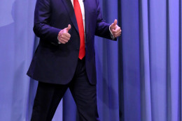In this image released by NBC, Republican presidential candidate Donald Trump appears during a taping of "The Tonight Show Starring Jimmy Fallon," on Friday, Sept. 11, 2015, in New York. (Douglas Gorenstein/NBC via AP)