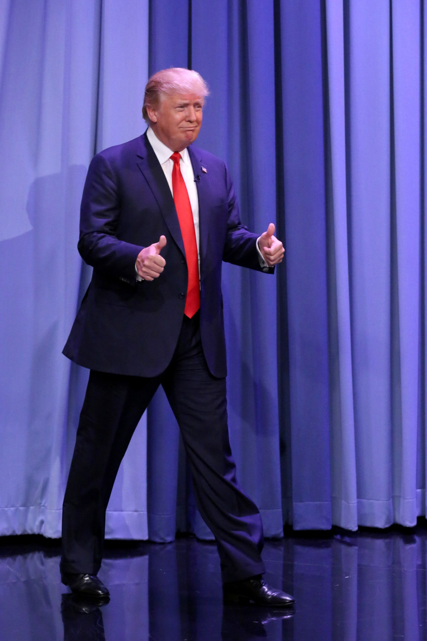 In this image released by NBC, Republican presidential candidate Donald Trump appears during a taping of "The Tonight Show Starring Jimmy Fallon," on Friday, Sept. 11, 2015, in New York. (Douglas Gorenstein/NBC via AP)