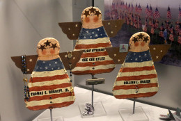 These are some of the items that were left at the temporary memorials to United Flight 93 that are on display at the Flight 93 National Memorial Visitor Center in Shanksville, Pa, on Wednesday, Sept. 9, 2015. The visitors center will be formally dedicated and open to the public on Sept. 10, 2015. (AP Photo/Gene J. Puskar)