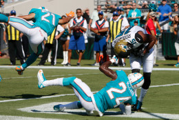 Jacksonville Jaguars wide receiver Allen Robinson (15) scores a touchdown as Miami Dolphins cornerback Brice McCain (24) tries to stop him during the first half of an NFL football game in Jacksonville, Fla., Sunday, Sept. 20, 2015. (AP Photo/Stephen B. Morton)