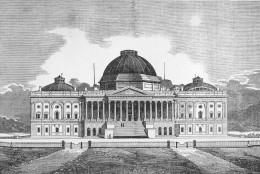 On September 18, 1793, President George Washington laid the cornerstone of the U.S. Capitol. The north and south wings, central portion and low wooden dome of the U.S. Capitol building in Washington, D.C., is shown in this illustration circa 1840.  (AP Photo)