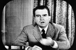 On September 23, 1952, in what became known as the "Checkers" speech, Sen. Richard M. Nixon, R-Calif., salvaged his vice-presidential nomination by appearing live on television to refute allegations of improper campaign fundraising. (AP Photo)