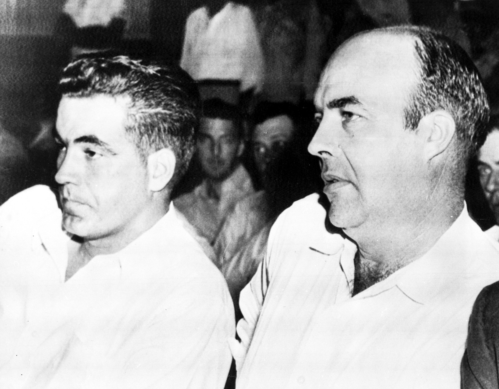 In 1955, a jury in Sumner, Mississippi, acquitted two white men, Roy Bryant and J.W. Milam, of murdering black teenager Emmett Till. The two men later admitted to the crime in an interview with Look magazine. Bryant and Milam are seen here inside the courtroom. (AP Photo)