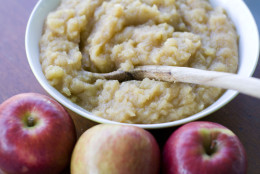 In this image taken on August 27, 2012, a recipe for spiked side dish applesauce is shown in Concord, N.H. (AP Photo/Matthew Mead)