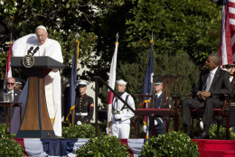 Pope Francis talks as President Barack Obama listens during a state arrival ceremony on the South Lawn of the White House in Washington, Wednesday, Sept. 23, 2015. (AP Photo/Alessandra Tarantino)