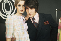 British fashion model Twiggy poses with boyfriend and manager Justin de Villeneuve in 1967. Twiggy turns 66 today. (AP Photo)