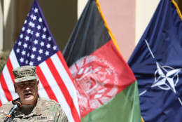 Commander of the International Security Assistance Force (ISAF), Gen. John Campbell, speaks during a memorial ceremony on the fourteenth anniversary of the 9-11 terrorist attacks on the United States at the headquarters of the International Security Assistance Force, in Kabul, Afghanistan, Friday, Sept. 11, 2015. (AP Photo/Rahmat Gul)