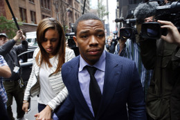 On this date in 2014, Ray Rice was let go by the Baltimore Ravens and suspended indefinitely by the NFL after a video was released showing the running back striking his then-fiancee in an elevator in February 2014.   (AP Photo/Jason DeCrow, File)