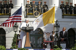 Pope Francis turns toward President Barack Obama during his welcoming remarks at the state arrival ceremony in his honor on the South Lawn of the White House in Washington, Wednesday, Sept. 23, 2015. (AP Photo/Pablo Martinez Monsivais)