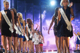 This Tuesday, Sept. 8, 2015 photo shows contestants in the 2016 Miss America pageant walking the runway at Boardwalk Hall in Atlantic City, N..J., on the first night of preliminary competition. The second of three nights of preliminaries was to be held Wednesday night. (AP Photo/Wayne Parry)