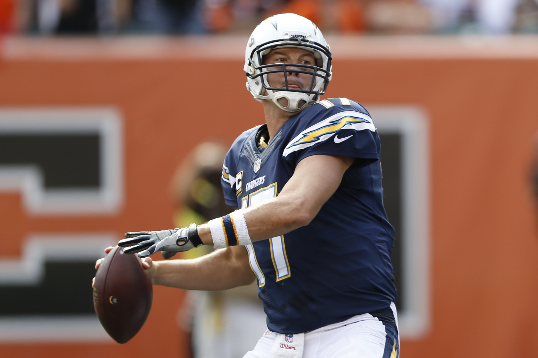 San Diego Chargers quarterback Philip Rivers (17) throws in the second half of an NFL football game against the Cincinnati Bengals, Sunday, Sept. 20, 2015, in Cincinnati. (AP Photo/Gary Landers)
