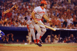 On this date in 1985, Pete Rose of the Cincinnati Reds tied Ty Cobb's career record for hits, singling for hit number 4,191 during a game against the Cubs in Chicago.Here, Rose  is shown in action at the bat against the Atlanta Braves in Atlanta, Aug. 2, 1978.  (AP Photo)