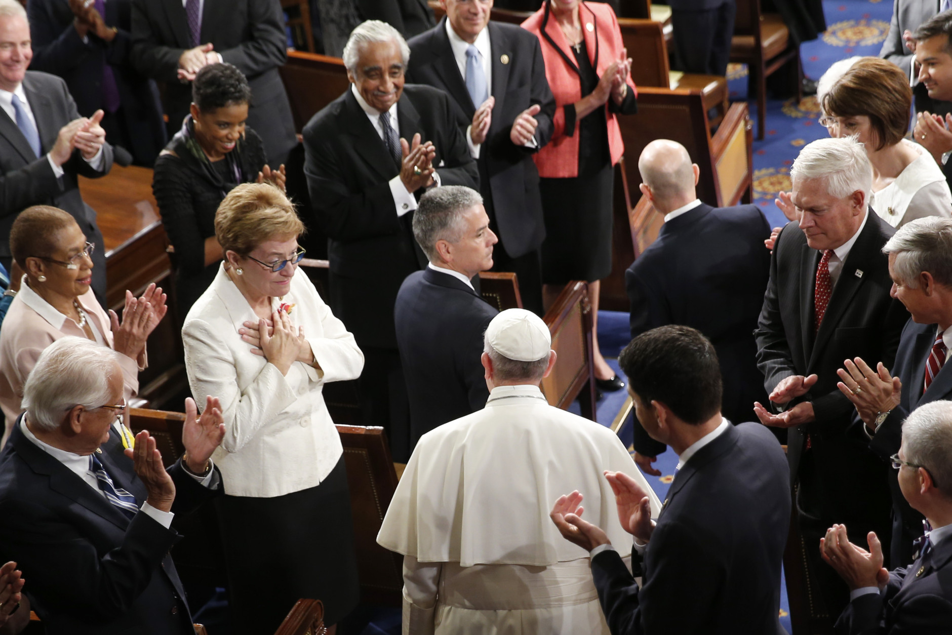 Pope Francis is applauded as he arrives on Capitol Hill  in Washington, Thursday, Sept. 24, 2015, to address a joint meeting of Congress, making history as the first pontiff to do so. (AP Photo/Carolyn Kaster)