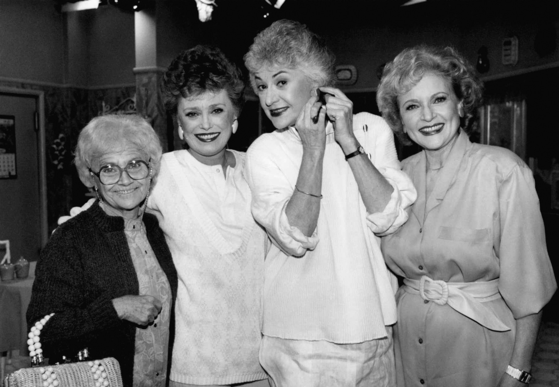 FILE - This Dec. 25, 1985 file photo shows the stars of the television series "The Golden Girls" during a break in taping in Hollywood, Calif. From left are, Estelle Getty, Rue McClanahan, Bea Arthur and Betty White. Family spokesman Dan Watt says 86-year-old Bea Arthur died at home early Saturday, April 25, 2009. He says Arthur had cancer, but declined to give further details. (AP Photo/Nick Ut, File)