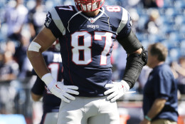 New England Patriots tight end Rob Gronkowski (87) warms up before an NFL football game, Sunday, Sept. 27, 2015, in Foxborough, Mass. (AP Photo/Charles Krupa)