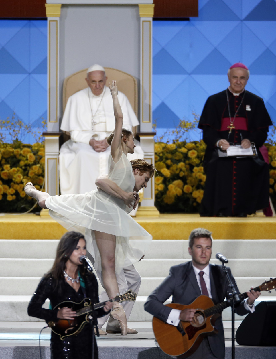 Pope Francis attends a performance by Marie Miller and the Pennsylvania Ballet at the Festival of Families, Saturday, Sept. 26, 2015, in Philadelphia. (AP Photo/Matt Slocum)