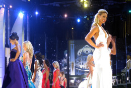 This Tuesday, Sept. 8, 2015 photo shows contestants in the 2016 Miss America pageant walking the runway at Boardwalk Hall in Atlantic City, N.J., on the first night of preliminary competition. The second of three nights of preliminaries was to be held Wednesday night. (AP Photo/Wayne Parry)