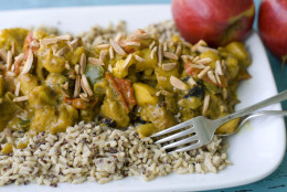 In this image taken on August 27, 2012, a recipe for creamy apple curry chicken is shown in Concord, N.H. (AP Photo/Matthew Mead)