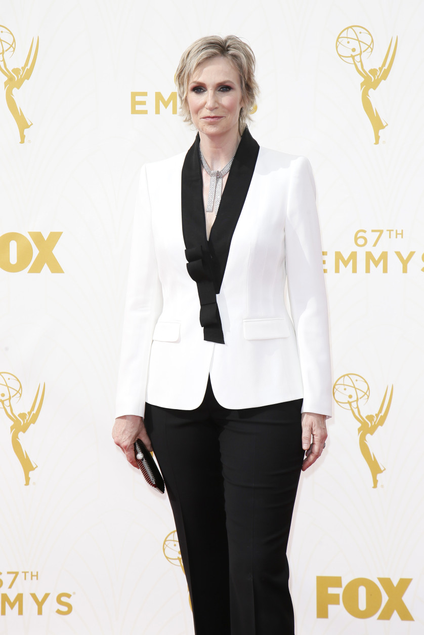 IMAGE DISTRIBUTED FOR THE TELEVISION ACADEMY - Jane Lynch arrives at the 67th Primetime Emmy Awards on Sunday, Sept. 20, 2015, at the Microsoft Theater in Los Angeles. (Photo by Danny Moloshok/Invision for the Television Academy/AP Images)