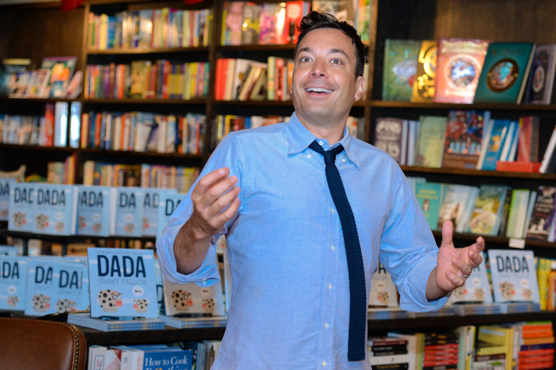 Comedian/talk-show host Jimmy Fallon is 41 on Sept. 19. Here, Fallon talks at a reading and signing for his new book "Your Baby's First Words Will Be 'Dada'" at Harbor Books on Saturday, June 20, 1015, in Sag Harbor, NY. (Photo by Scott Roth/Invision/AP)
