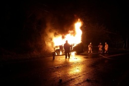 Part of Darnestown Road is closed after a crash and vehicle fire that killed a man early Wednesday morning. (Montgomery County Fire and Rescue/Pete Piringer)