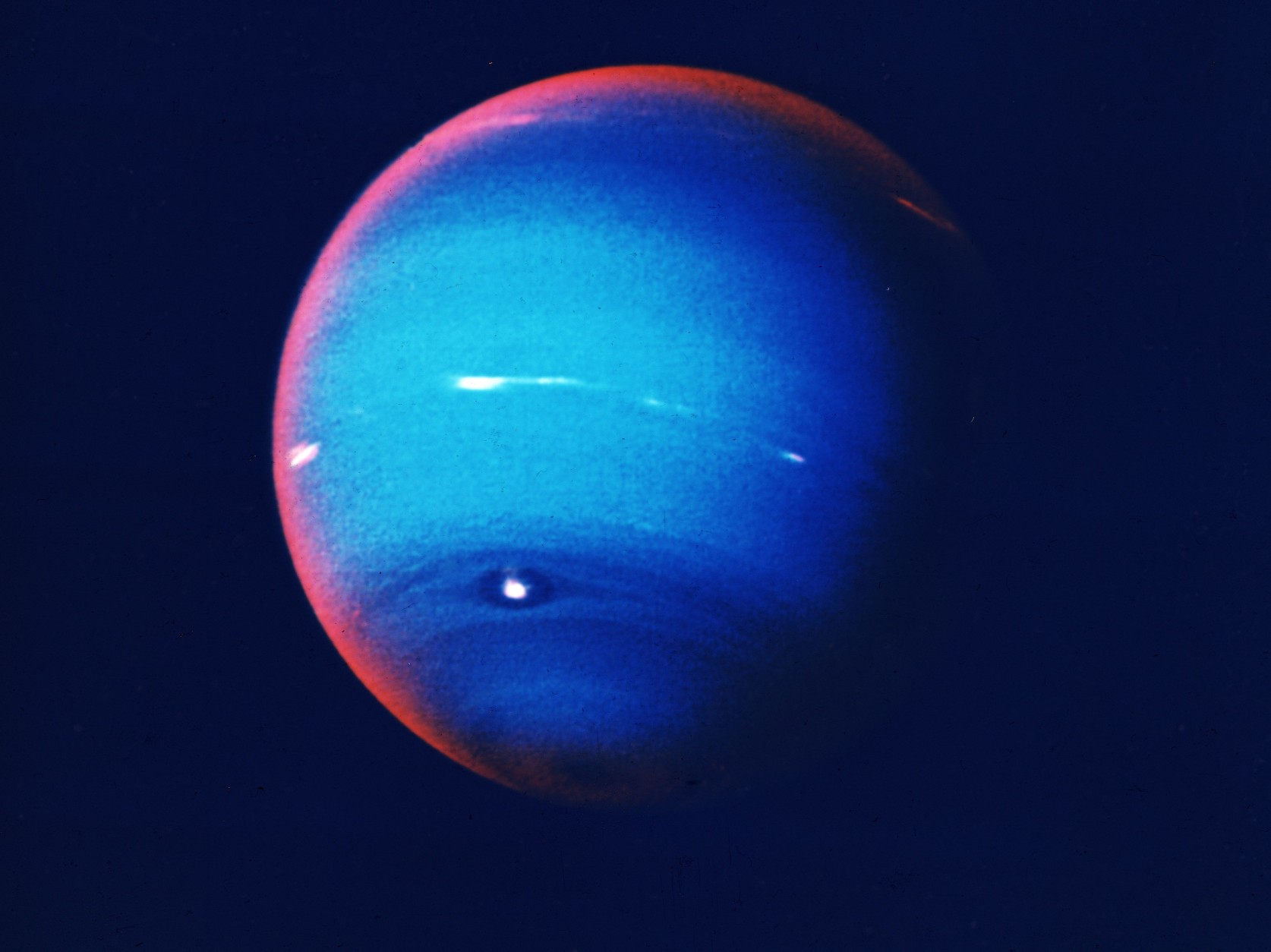 circa 1970:  Neptune, fourth largest of the planets in our solar system. The atmosphere consists mostly of hydrogen and helium, but the presence of three per cent methane lends the planet its striking blue hue.  (Photo by Hulton Archive/Getty Images)
