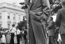 22nd July 1957:  President Dwight D Eisenhower, addressing the gathering of American Field Service Students on the lawn at the White House in Washington.  (Photo by Keystone/Getty Images)