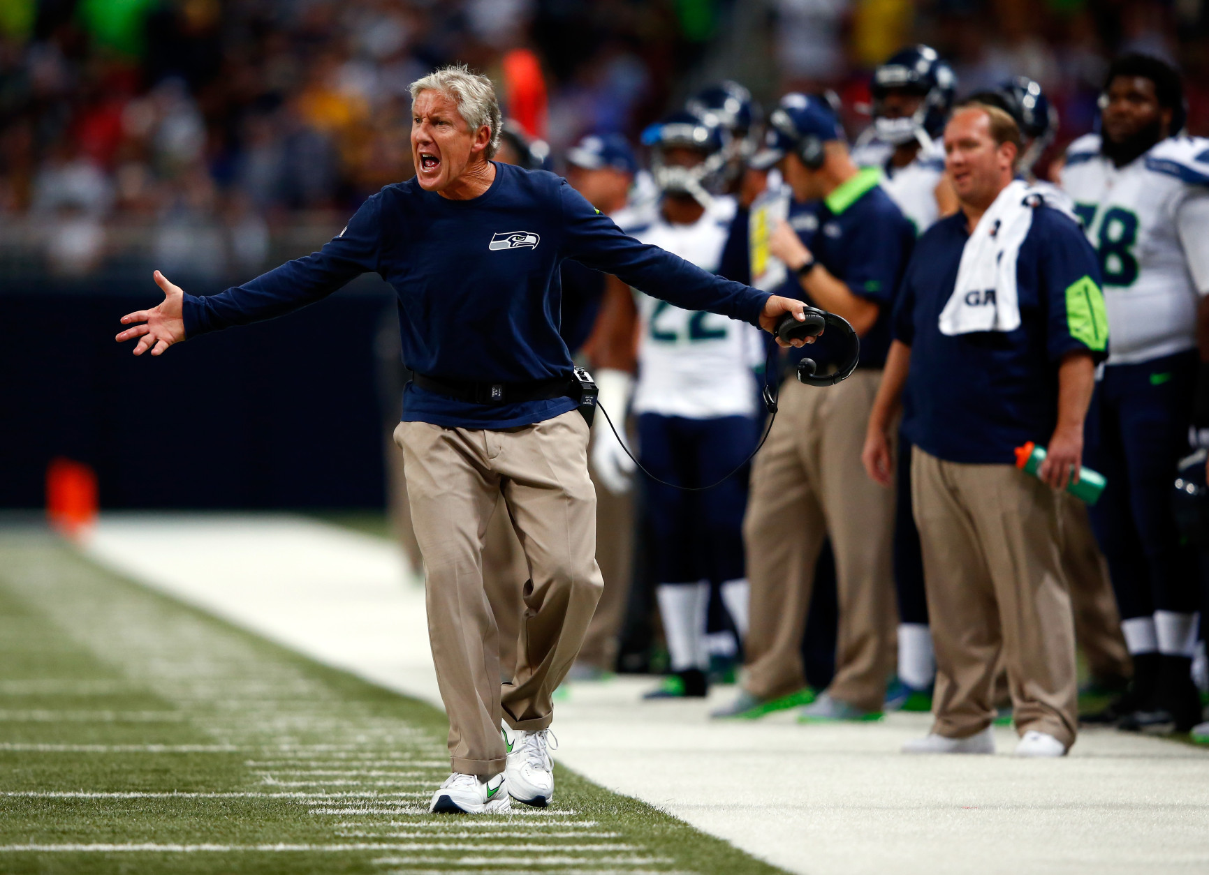 ST LOUIS, MO - SEPTEMBER 13:  Head coach Pete Carroll of the Seattle Seahawks questions a call during the game against the St. Louis Rams at Edward Jones Dome on September 13, 2015 in St Louis, Missouri.  (Photo by Jamie Squire/Getty Images)