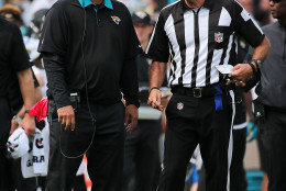 JACKSONVILLE, FL - SEPTEMBER 13: Head coach Gus Bradley of the Jacksonville Jaguars talks with a referee during a game against the Carolina Panthers at EverBank Field on September 13, 2015 in Jacksonville, Florida.  (Photo by Mike Ehrmann/Getty Images)