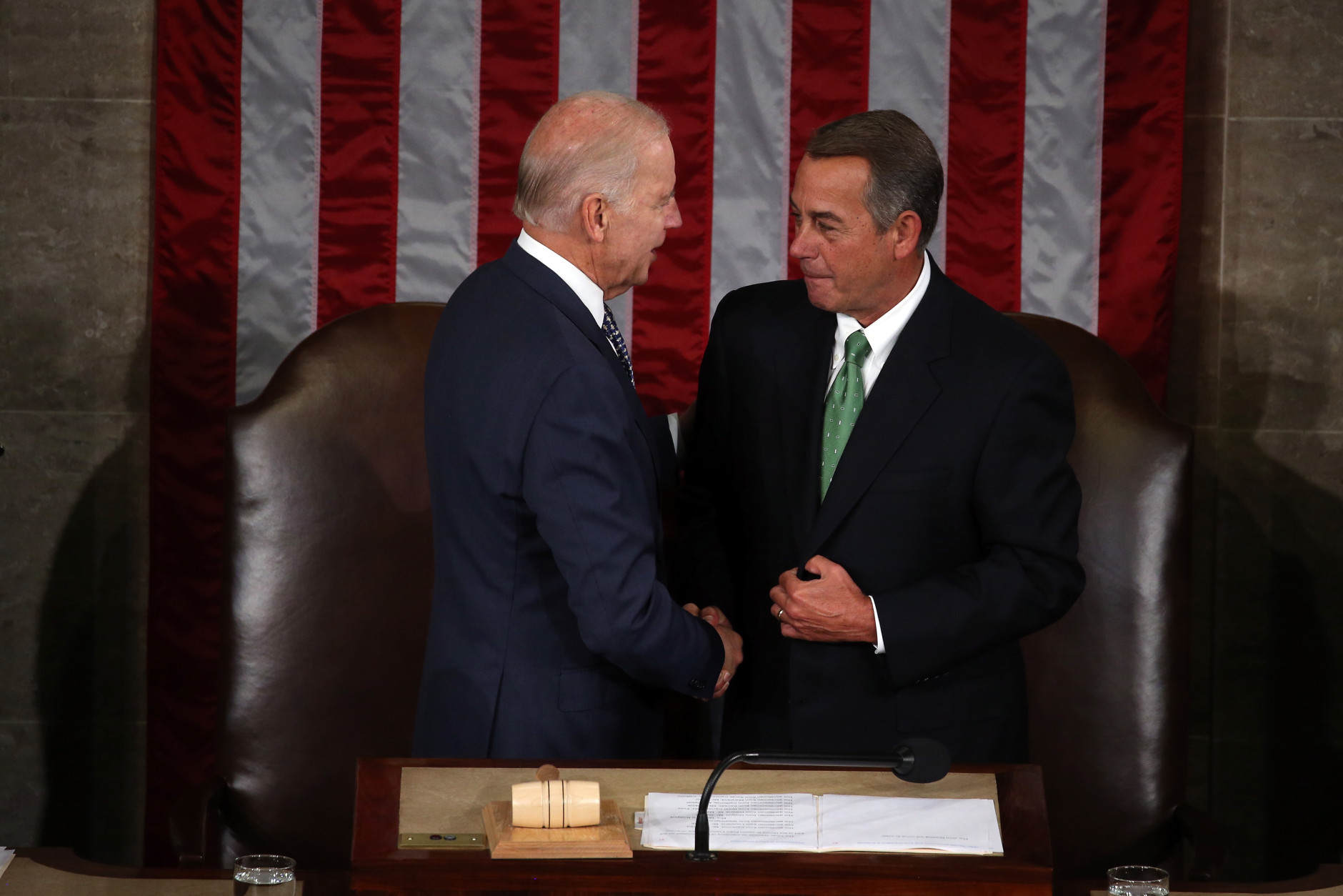 WASHINGTON, DC - SEPTEMBER 24:  Vice President Joe Biden (L) and Speaker of the House John Boehner (R-OH) shake hands prior to Pope Francis speach at a joint meeting of the U.S. Congress in the House Chamber of the U.S. Capitol on September 24, 2015 in Washington, DC.  Pope Francis is the first pope to address a joint meeting of Congress and will finish his tour of Washington later today before traveling to New York City.  (Photo by Mark Wilson/Getty Images)