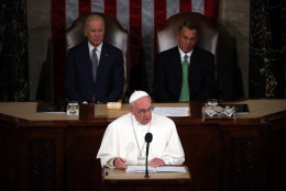 WASHINGTON, DC - SEPTEMBER 24:  Pope Francis addresses a joint meeting of the U.S. Congress in the House Chamber of the U.S. Capitol on September 24, 2015 in Washington, DC.  Pope Francis is the first pope to address a joint meeting of Congress and will finish his tour of Washington later today before traveling to New York City.  (Photo by Mark Wilson/Getty Images)