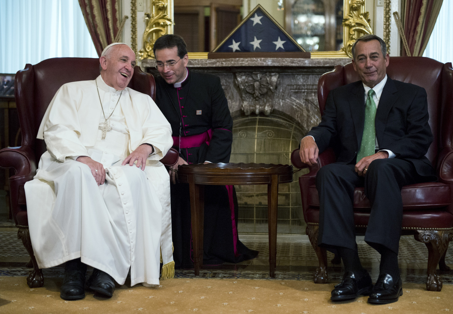 WASHINGTON, DC - SEPTEMBER 24:  Speaker of the House John Boehner (R-OH) (R) speaks with Pope Francis (L) in the U.S. Capitol building before the Pontiff speaks to a joint meeting of Congress September 24, 2015 in Washington, DC. Pope Francis will be the first Pope to ever address a joint meeting of Congress. The POpe is on a six-day trip to the U.S., with stops in Washington, New York City and Philedelphia.  (Photo By Bill Clark-PoolGetty Images)