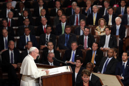 WASHINGTON, DC - SEPTEMBER 24:  Pope Francis addresses a joint meeting of the U.S. Congress in the House Chamber of the U.S. Capitol on September 24, 2015 in Washington, DC.  Pope Francis is the first pope to address a joint meeting of Congress and will finish his tour of Washington later today before traveling to New York City.  (Photo by Win McNamee/Getty Images)