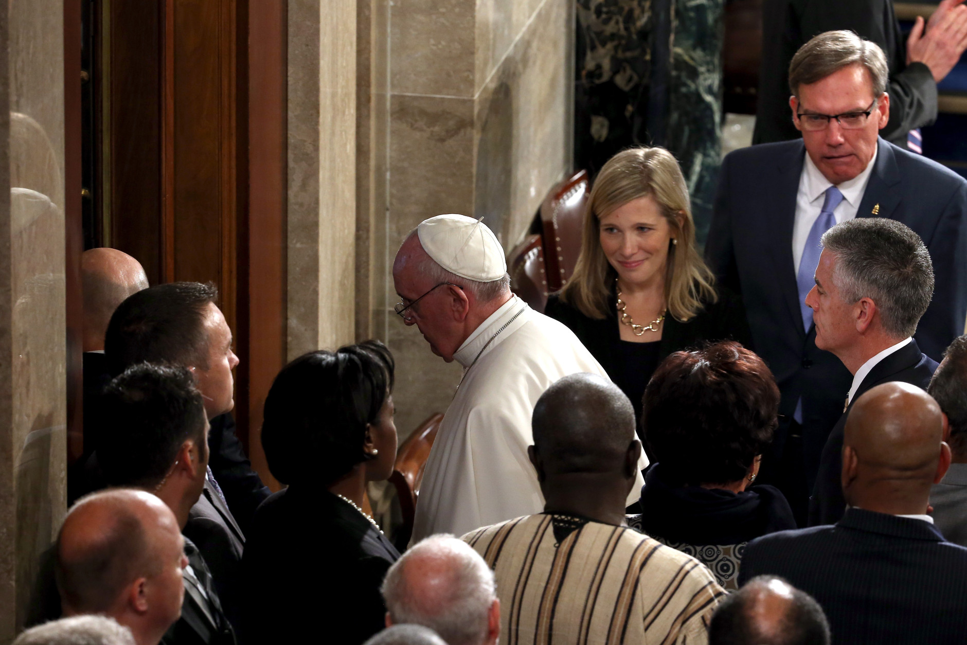 WASHINGTON, DC - SEPTEMBER 24:  Pope Francis exits the house after speaking at a joint meeting of the U.S. Congress in the House Chamber of the U.S. Capitol on September 24, 2015 in Washington, DC.  Pope Francis is the first pope to address a joint meeting of Congress and will finish his tour of Washington later today before traveling to New York City.  (Photo by Win McNamee/Getty Images)