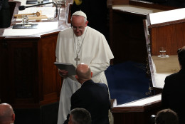 WASHINGTON, DC - SEPTEMBER 24:  Pope Francis exits the house after speaking at a joint meeting of the U.S. Congress in the House Chamber of the U.S. Capitol on September 24, 2015 in Washington, DC.  Pope Francis is the first pope to address a joint meeting of Congress and will finish his tour of Washington later today before traveling to New York City.  (Photo by Win McNamee/Getty Images)