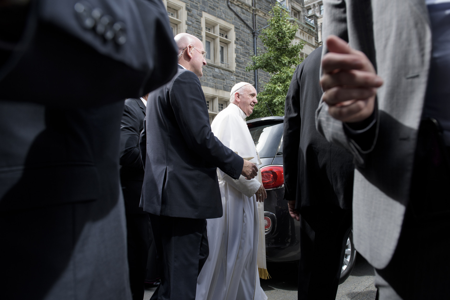 WASHINGTON, DC - SEPTEMBER 24: Pope Francis leaves the Catholic Charities after blessing a lunch for charity workers and the needy September 24, 2015 in Washington, DC. Pope Francis is in the United States for six days during his first trip as the leader of the Catholic Church. (Photo by Brendan Smialowski-Pool/Getty Images)