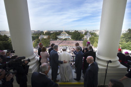 WASHINGTON, DC - SEPTEMBER 24:  Pope Francis is welcomed to the Speakers Balcony at the US Capitol by members of congress, September 24, 2015 in Washington, DC. Pope Francis will be the first Pope to ever address a joint meeting of Congress. The POpe is on a six-day trip to the U.S., with stops in Washington, New York City and Philedelphia. (Photo by Doug Mills-Pool/Getty Images)
