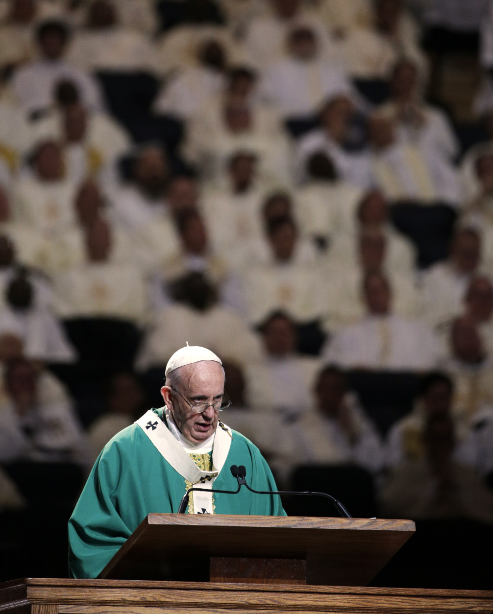 NEW YORK, NY - SEPTEMBER 25:  Pope Francis reads his homily while celebrating Mass at Madison Square Garden on September 25, 2015 in New York City. Pope Francis is visiting New York City during a six-day tour of the United States, with stops in Washington D.C., New York City and Philadelphia, PA. (Photo by Julie Jacobson-Pool/Getty Images)