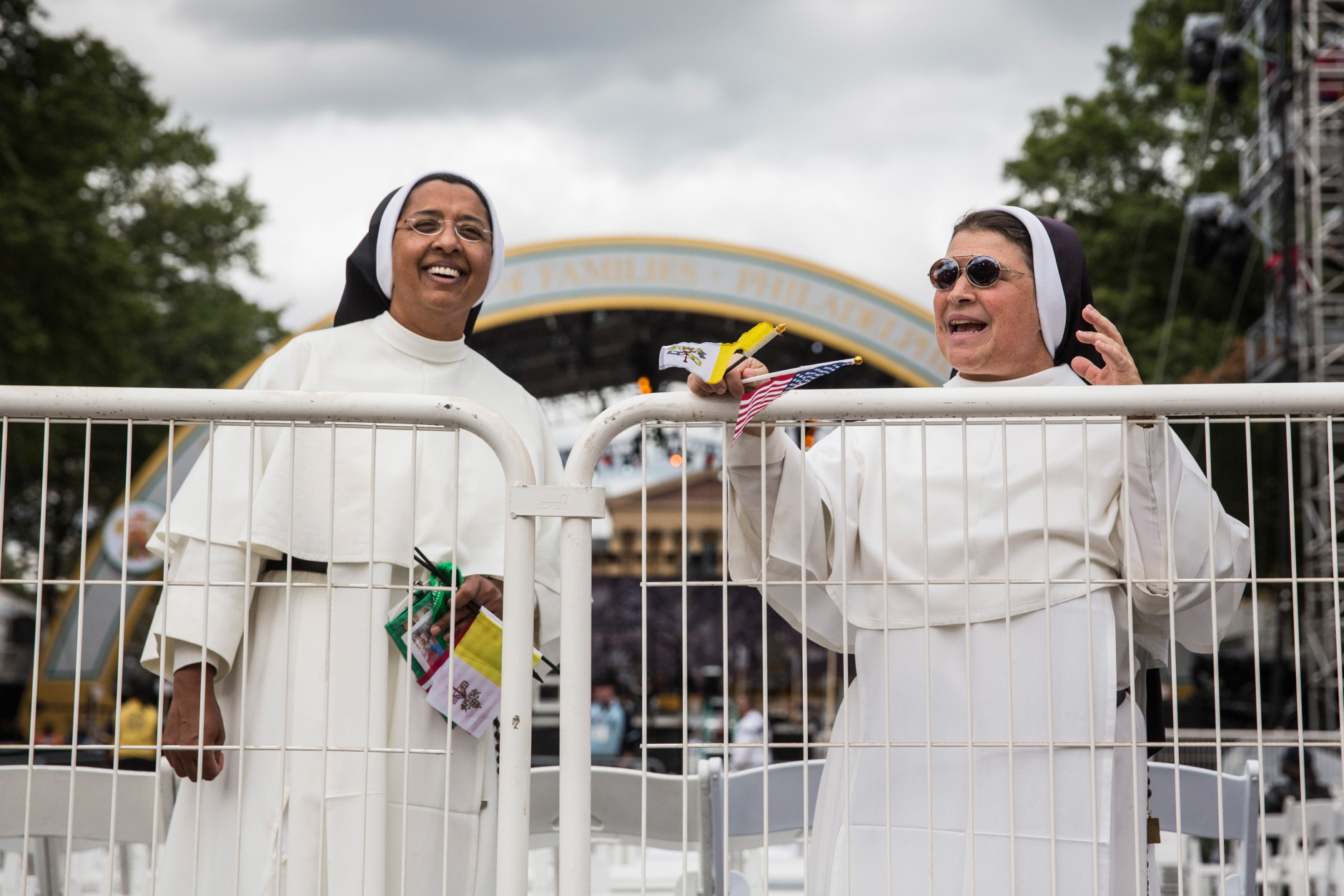 PHILADELPHIA, PA - SEPTEMBER 26: Sister Mary Celeste (L) and Sister Mary Rose of Nashville, TN wait for Pope Francis to arrive at the World Festival of Families on September 26, 2015 in Philadelphia, Pennsylvania. The Pope is concluding his U.S. tour by spending two days in Philadelphia; he previously visited Washington D.C. and New York City. (Photo by Andrew Burton/Getty Images)