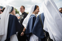 Nuns wait for Pope Francis to arrive at the World Festival of Families on Sept. 26, 2015 in Philadelphia, Pennsylvania. The Pope is concluding his U.S. tour by spending two days in Philadelphia; he previously visited Washington D.C. and New York City. (Photo by Andrew Burton/Getty Images)
