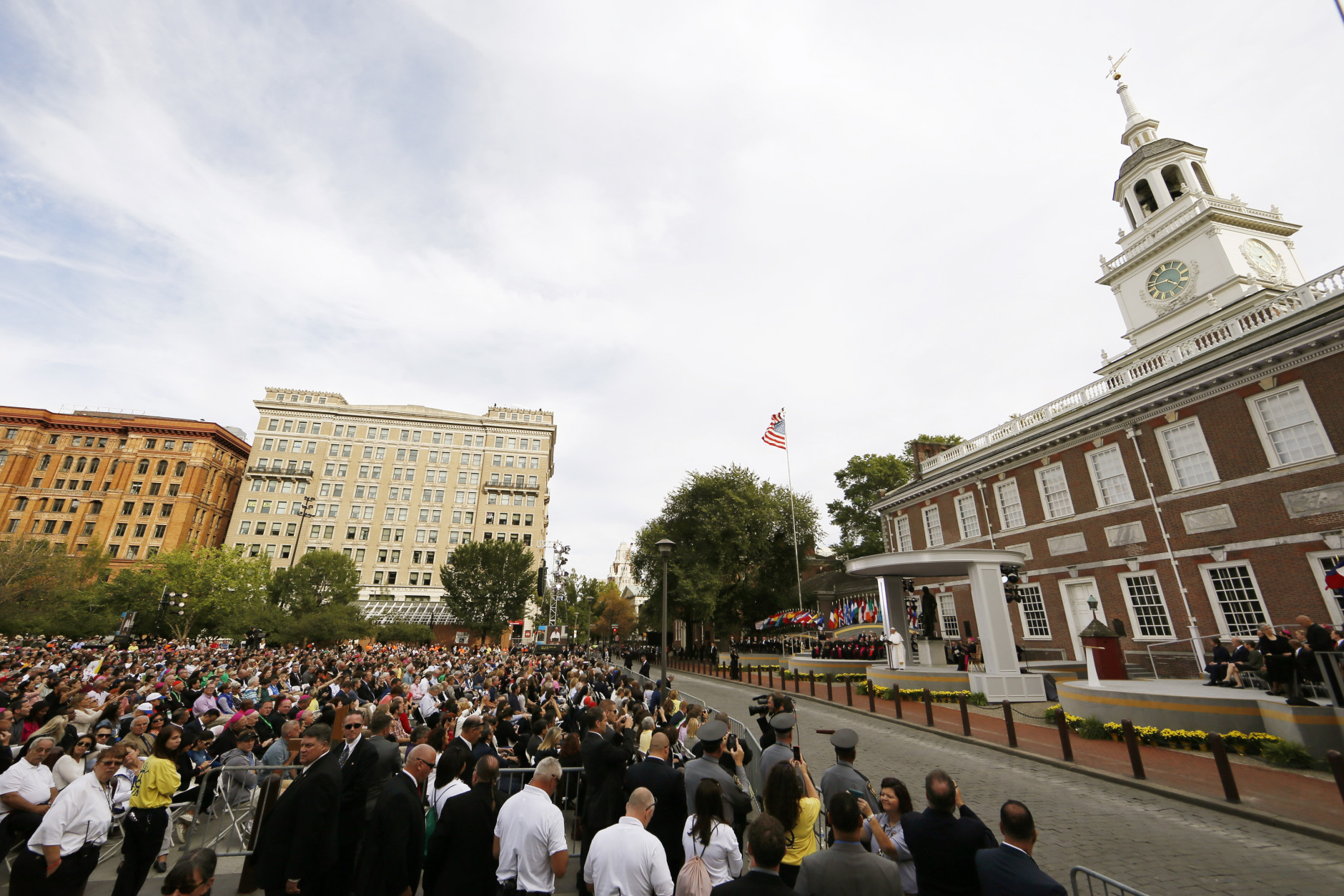 PHILADELPHIA, PA - SEPTEMBER 26: Pope Francis speaks at Independence Mall to watch Pope Francis speak in Philadelphia onSeptember 26, 2015 in Philadelphia., Pennsylvania. After visiting Washington and New York City, Pope Francis concludes his tour of the U.S. with events in Philadelphia on Saturday and Sunday. (Photo by Jim Bourg-Pool/Getty Images)